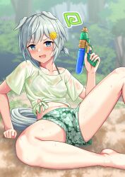 Rule 34 | 1girl, alternate costume, animal ears, barefoot, bikini, blue eyes, blurry, blurry background, blush, commentary request, ears down, floral print, foot out of frame, gaze on me! outfit (umamusume), green shirt, green shorts, grey hair, highres, holding, holding water gun, horse ears, horse girl, horse tail, knee up, legs, looking at viewer, on ground, open mouth, outdoors, see-through, seiun sky (umamusume), shirt, short hair, short sleeves, shorts, solo, spread legs, squiggle, swimsuit, tail, thighs, tied shirt, umamusume, water gun, wet, wet clothes, wet shirt, white bikini, zenrakishi