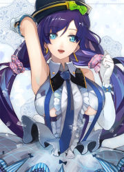 Rule 34 | 10s, 1girl, arm up, asymmetrical gloves, bare shoulders, blush, breasts, dress, earrings, elbow gloves, frills, gloves, green eyes, hat, hat ribbon, jewelry, large breasts, long hair, love live!, love live! school idol festival, love live! school idol project, low twintails, mismatched gloves, necktie, open mouth, pupps, purple hair, ribbon, scrunchie, solo, suspenders, tojo nozomi, twintails, underboob, white gloves