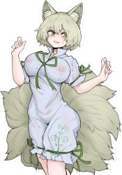 Rule 34 | 1girl, animal ears, breasts, cosplay, fe (tetsu), fox ears, fox tail, green eyes, green ribbon, highres, kudamaki tsukasa, kudamaki tsukasa (cosplay), lactation, lactation through clothes, large breasts, multiple tails, nipples, no headwear, ribbon, see-through, short hair, solo, tail, touhou, wet, wet clothes, yakumo ran