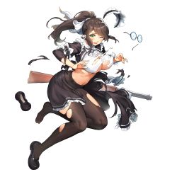 Rule 34 | 1girl, black pantyhose, breasts, brown hair, constantia s2, defeat, dress, full body, game cg, glasses, green eyes, gun, highres, kakiman, large breasts, last origin, looking at viewer, maid, maid headdress, mary janes, navel, official art, one eye closed, pantyhose, ponytail, rifle, shoe loss, shoes, single shoe, solo, tachi-e, torn clothes, torn pantyhose, transparent background, weapon, winchester model 1887