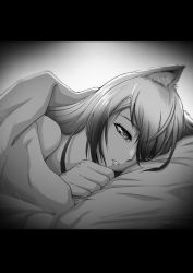 Rule 34 | 1girl, absurdres, animal ear fluff, animal ears, arknights, blanket, cat ears, comic, greyscale, hair over one eye, highres, letterboxed, long hair, monochrome, parted lips, pillow, saikre, schwarz (arknights), silent comic, solo, under covers, upper body, waking up
