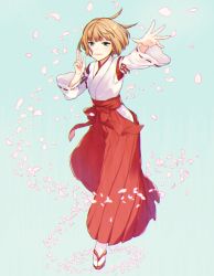 Rule 34 | 10s, 1girl, bad id, bad pixiv id, blonde hair, closed mouth, detached sleeves, eyebrows, full body, hakama, hakama skirt, japanese clothes, konami kirie, maruishi, miko, outstretched arm, palms, petals, red hakama, red ribbon, ribbon, ribbon-trimmed sleeves, ribbon trim, sandals, short hair, simple background, skirt, solo, standing, tabi, white legwear, wide sleeves, world trigger, zouri