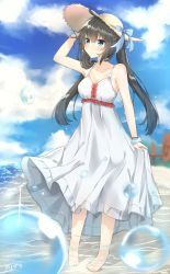 Rule 34 | 1girl, artist name, bare shoulders, barefoot, black hair, blue eyes, blush, breasts, cleavage, dress, hat, highres, kurigura (sketch san), large breasts, long hair, looking away, original, partially submerged, smile, solo, sun hat, sundress, twintails, wading, water, water drop