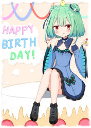 Rule 34 | 1girl, absurdres, animal, bare shoulders, bird, black footwear, blue dress, blue sleeves, blush, boots, cake, chick, commentary request, detached sleeves, double bun, dress, food, food on face, fork, frilled dress, frills, fruit, green hair, hair bun, hair ornament, happy birthday, highres, holding, holding fork, holding plate, hololive, jiu (sdesd3205), juliet sleeves, knees up, licking lips, long sleeves, plate, puffy sleeves, red eyes, sitting, skull hair ornament, sleeveless, sleeveless dress, solo, strawberry, tongue, tongue out, uruha rushia, uruha rushia (1st costume), virtual youtuber