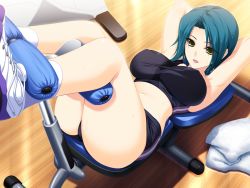 Rule 34 | 1girl, akatsuki works hibiki, armpits, arms up, ass, blue hair, breasts, curvy, covered erect nipples, exercising, feet, game cg, gym, huge breasts, iizuki tasuku, indoors, kurokawa sera, large breasts, legs, legs up, lipstick, looking at viewer, lovely x cation, lying, makeup, midriff, navel, on back, parted lips, shoes, short hair, smile, sneakers, socks, solo, sports bra, sweat, taut clothes, thighs, towel, wooden floor, yellow eyes