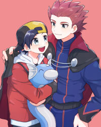 Rule 34 | 2boys, backwards hat, belt, blue jacket, blue pants, cape, closed mouth, commentary request, creatures (company), dratini, ethan (pokemon), eye contact, game freak, gen 1 pokemon, grey eyes, hat, highres, holding, holding pokemon, jacket, lance (pokemon), long sleeves, looking at another, male focus, mochi (mocchi p 2m), multiple boys, nintendo, pants, pink background, pokemon, pokemon (creature), pokemon hgss, red hair, red jacket, short hair, smile, spiked hair