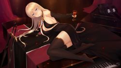Rule 34 | 1girl, alcohol, alexiel (pixiv6211566), artist name, azur lane, bismarck (azur lane), bismarck (beacon of the iron blood) (azur lane), black dress, black gloves, black thighhighs, blonde hair, blue eyes, breasts, cleavage, cup, curtains, dress, drinking glass, elbow gloves, epaulettes, fingerless gloves, flag, gloves, hair between eyes, highres, instrument, large breasts, long hair, petals, piano, red curtains, rose petals, sideboob, signature, smile, solo, sword, thighhighs, tile floor, tiles, turret, underboob, weapon, wine, wine glass