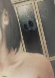 Rule 34 | 1girl, 1other, absurdres, bathroom, black hair, blurry, close-up, collarbone, commentary, depth of field, fracoco, frosted glass, highres, horror (theme), medium hair, original, signature, upper body