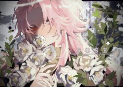 Rule 34 | 1boy, absurdres, chinese commentary, commentary request, english text, eyebrows hidden by hair, eyes visible through hair, film grain, flower, flower over mouth, gao tongren wanjiebufu, hatsutori hajime, highres, long hair, male focus, parted bangs, pink hair, red eyes, rose, saibou shinkyoku, solo, sparkle, white flower, white rose