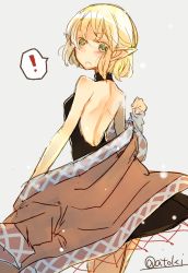 Rule 34 | !, 1girl, :o, atoki, back, backless dress, backless outfit, bare back, bare shoulders, black dress, blonde hair, blush, dress, from behind, green eyes, highres, looking at viewer, mizuhashi parsee, pointy ears, robe, short dress, short hair, skirt, solo, touhou, undressing