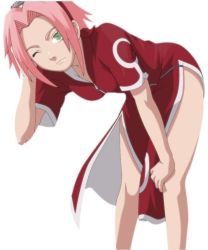 Rule 34 | 1girl, artist request, bare arms, bare legs, bent over, breasts, china dress, chinese clothes, dress, green eyes, hand on own head, haruno sakura, headband, headdress, looking at viewer, naruto, naruto (series), no panties, no pants, one eye closed, pink hair, red dress, short hair, short sleeves, side slit, simple background, solo, standing, white background, wink