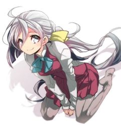 Rule 34 | 1girl, ahoge, blue hair, blue neckwear, dress, grey background, grey eyes, hair between eyes, hair ribbon, kantai collection, kiyoshimo (kancolle), long hair, long sleeves, looking at viewer, low twintails, multicolored hair, pantyhose, purple dress, ribbon, school uniform, shadow, shirt, simple background, sitting, smile, solo, tane juu-gou, twintails, two-tone hair, white background, white shirt