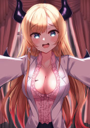 Rule 34 | 1girl, absurdres, bat tattoo, blonde hair, blouse, blue eyes, blush, breast tattoo, breasts, cleavage, collarbone, commentary request, curtains, demon girl, demon horns, demon wings, frilled shirt, frills, highres, hololive, horns, lab coat, large breasts, long hair, looking at viewer, open mouth, os (pisiv id 42236896), outstretched arms, pink shirt, pointy ears, shirt, smile, solo, tattoo, virtual youtuber, window, wings, yuzuki choco, yuzuki choco (1st costume)