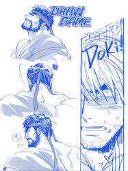 Rule 34 | 2boys, bara, beard, black hair, blonde hair, blush, facial hair, forked eyebrows, frown, headband, heart, ken masters, looking at another, male focus, mature male, monochrome, motion lines, multiple boys, muscular, muscular male, ryu (street fighter), sequential, short hair, shy, street fighter, street fighter 6, stubble, thick eyebrows, yaoi, yuiofire
