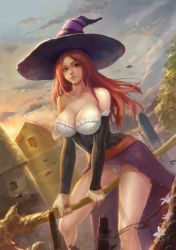Rule 34 | 1girl, bare legs, bare shoulders, breasts, broom, broom riding, brown hair, detached sleeves, dragon&#039;s crown, dress, dutch angle, evening, flying, hat, lalan fengchu, large breasts, lens flare, lips, long hair, looking at viewer, panties, riding, solo, sorceress (dragon&#039;s crown), staff, strapless, strapless dress, underwear, white panties, witch hat