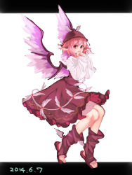 Rule 34 | 1girl, bird wings, boots, covering own mouth, dated, dress, frilled dress, frilled skirt, frills, full body, hand to own mouth, hat, highres, knee boots, letterboxed, long sleeves, looking at viewer, mystia lorelei, namauni, pink hair, red eyes, shirt, shoes, short hair, simple background, skirt, solo, toeless footwear, touhou, white background, winged footwear, wings