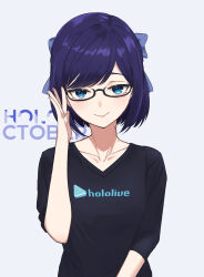 Rule 34 | 1girl, a-chan (1st costume) (hololive), a-chan (hololive), absurdres, black-framed eyewear, black shirt, blue eyes, bow, closed mouth, collarbone, eipanguino, glasses, hair bow, highres, hololive, long sleeves, looking at viewer, purple hair, shirt, short hair, smile, solo, swept bangs, upper body, virtual youtuber