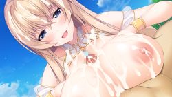 Rule 34 | 1girl, asami asami, blonde hair, blue eyes, blush, breasts, breasts squeezed together, censored, cloud, crossed bangs, cum, cum on body, cum on breasts, cum on hair, cum on upper body, day, dutch angle, facial, from below, game cg, lactation, large breasts, long hair, looking at viewer, lying, milk, mosaic censoring, nipples, off shoulder, okayu seira, open mouth, original, out of frame, outdoors, paizuri, penis, pov, role player: okayu shimai no nenmaku potrait - gurigucha live!, sky, smile, solo focus