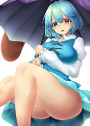 Rule 34 | 1girl, absurdres, ass, blue eyes, blue hair, blue skirt, blue vest, bottomless, breasts, commentary request, cross-laced clothes, heterochromia, highres, holding, holding umbrella, juliet sleeves, karakasa obake, large breasts, long sleeves, looking at viewer, no panties, paid reward available, poke200, puffy sleeves, purple umbrella, red eyes, shirt, short hair, simple background, skirt, solo, tatara kogasa, thighs, tongue, tongue out, touhou, umbrella, variant set, vest, white background, white shirt