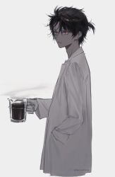 Rule 34 | 1boy, absurdres, arknights, black hair, closed mouth, coffee, cup, dark-skinned male, dark skin, gloves, highres, holding, holding cup, jewelry, lab coat, long sleeves, looking at viewer, male focus, mug, orange eyes, shirt, short hair, simple background, solo, thorns (arknights), tsuji yashiki, white background, white gloves