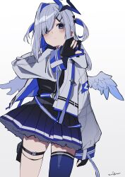 Rule 34 | 1girl, absurdres, amane kanata, amane kanata (work), angel wings, asymmetrical legwear, belt, black dress, black gloves, blue belt, blue hair, blue thighhighs, blue wings, blush, colored inner hair, commentary request, cowboy shot, dress, expressionless, eyes visible through hair, feathered wings, from below, gloves, gradient dress, gradient wings, grey hair, hair ornament, hair over one eye, hairclip, halo, hand up, highres, holoforce, hololive, jacket, k einosuke, long hair, long sleeves, looking away, mini wings, mismatched legwear, multicolored hair, multicolored wings, partially fingerless gloves, pleated dress, pouch, puffy long sleeves, puffy sleeves, purple eyes, short dress, signature, single hair intake, single thighhigh, solo, standing, star halo, thigh pouch, thighhighs, two side up, uneven legwear, virtual youtuber, white background, white jacket, white wings, wings