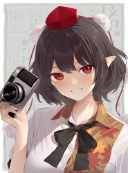 Rule 34 | 1girl, black bow, black bowtie, black hair, blush, bow, bowtie, breasts, camera, grin, hat, highres, holding, holding camera, kanpa (campagne 9), large breasts, leaf print, looking at viewer, newspaper, parted lips, pointy ears, pom pom (clothes), puffy short sleeves, puffy sleeves, red eyes, red hat, shameimaru aya, short hair, short sleeves, smile, solo, tassel, teeth, tokin hat, touhou, upper body