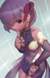 Rule 34 | 1girl, arm warmers, bare shoulders, bow, collarbone, earrings, fate/grand order, fate (series), finger to mouth, hair bow, hair ribbon, jewelry, kama (fate), kama (first ascension) (fate), midriff, navel, pencil skirt, purple hair, red eyes, ribbon, ring, rotix, see-through, skirt, sleeveless, smile, solo