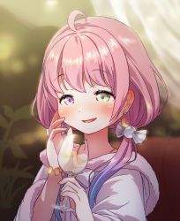 Rule 34 | 1girl, ahoge, blush, cup, drinking glass, earrings, green eyes, hand on own face, heterochromia, highres, himemori luna, himemori luna (sundress), hololive, jewelry, loose clothes, medium hair, meru corone, necklace, open mouth, pink eyes, pink hair, plant, smile, straight hair, twintails, virtual youtuber, wine glass