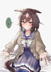 Rule 34 | ..., 1girl, absurdres, animal ears, blush, bow, brown cardigan, brown hair, cardigan, commentary request, ear ornament, ears through headwear, hair between eyes, highres, horse ears, horse girl, horse tail, long hair, long sleeves, looking at viewer, multicolored hair, narusawa (njzc2582), open cardigan, open clothes, outstretched arms, pleated skirt, purple serafuku, purple shirt, purple skirt, purple thighhighs, red eyes, school uniform, serafuku, shirt, simple background, sirius symboli (umamusume), sitting, skirt, solo, speech bubble, spoken ellipsis, spread arms, streaked hair, tail, thighhighs, umamusume, very long hair, white background, white bow, white hair, winter uniform