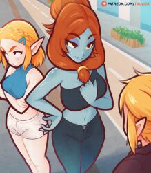 Rule 34 | 2girls, animated, animated gif, breasts, casual, colored sclera, flashing, highres, large breasts, link, long hair, midna, midna (true), multiple girls, navel, nintendo, open mouth, orange hair, orange sclera, outdoors, princess zelda, red eyes, solo, surprised, the legend of zelda, the legend of zelda: twilight princess, tsuvida