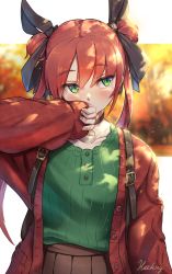 Rule 34 | 1girl, autumn leaves, black choker, black ribbon, blurry, blurry background, brown skirt, choker, collarbone, commentary request, covered mouth, depth of field, double bun, green eyes, green shirt, hair between eyes, hair bun, hair ribbon, hand up, hawe king, highres, jacket, leaf, long sleeves, looking away, looking to the side, maple leaf, open clothes, open jacket, original, pleated skirt, red hair, red jacket, ribbon, shirt, signature, skirt, sleeves past wrists, solo, twintails