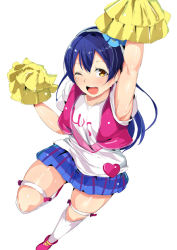 Rule 34 | 10s, 1girl, ;d, alp, arm up, blue hair, blush, brown eyes, cheerleader, happy maker!, headband, long hair, looking at viewer, love live!, love live! school idol festival, love live! school idol project, one eye closed, open mouth, pom pom (cheerleading), skirt, smile, solo, sonoda umi, vest