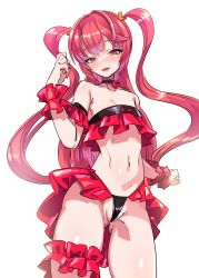 Rule 34 | 1girl, :d, absurdres, another blood, bikini, blush, breasts, cleavage, demonbane, gluteal fold, groin, harigane shinshi, highres, long hair, navel, open mouth, red eyes, red hair, simple background, small breasts, smile, solo, swimsuit, teeth, twintails, white background