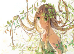 Rule 34 | 1girl, brown hair, green eyes, leaf, leaf on head, long hair, looking at viewer, original, solo, tatsumi3