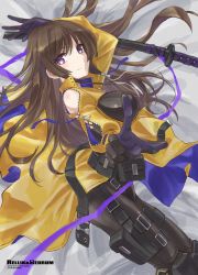 Rule 34 | 1girl, black bodysuit, bodysuit, breasts, brown hair, clothing cutout, gloves, hair behind ear, highres, muv-luv: dimensions, jacket, jun (rellik &amp; redrum), katana, large breasts, long hair, lying, muv-luv, muv-luv alternative, muv-luv total eclipse, on side, pointing, pointing at viewer, purple eyes, purple gloves, shoulder cutout, smile, solo, sword, takamura yui, thigh strap, weapon, yellow jacket