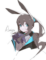 Rule 34 | 1girl, absurdres, amiya (arknights), animal ears, arknights, ascot, black jacket, blue eyes, brown hair, character name, closed mouth, commentary request, cropped torso, hair between eyes, highres, jacket, laowei, long hair, looking at viewer, ponytail, purple ascot, rabbit ears, shirt, simple background, sketch, solo, upper body, white background, white shirt