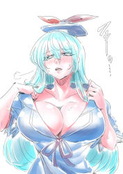 Rule 34 | 1girl, blue eyes, blue hair, breasts, cleavage, collarbone, dress, hair between eyes, hat, kamishirasawa keine, large breasts, long hair, open mouth, shiny skin, simple background, solo, sweat, touhou, tukiwani, white background