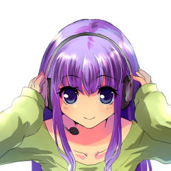 Rule 34 | 1girl, bad id, bad pixiv id, green shirt, headset, kobanzame, long hair, looking at viewer, microphone, no nose, original, purple eyes, purple hair, shirt, simple background, smile, solo, sweater, upper body