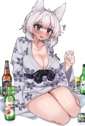 Rule 34 | absurdres, alcohol, auraaa, blush, breasts, cleavage, highres, large breasts, lorel (auraaa), original, owl girl, robe, shiny skin, sweat, thighs, white hair