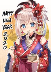 Rule 34 | 2020, bare shoulders, blue eyes, blue kimono, blush, bow, breasts, chopsticks, cleavage, commentary request, earrings, fate/grand order, fate (series), floral print, food, hair bow, happy new year, highres, holding, holding chopsticks, japanese clothes, jewelry, kimono, large breasts, long hair, looking at viewer, miyamoto musashi (fate), new year, noodles, ponytail, profnote, red kimono