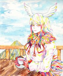 Rule 34 | 1girl, cup, day, fence, fur collar, gloves, gradient hair, head wings, japanese crested ibis (kemono friends), kemono friends, long hair, long sleeves, multicolored hair, orange eyes, outdoors, red gloves, row (akatuki), shirt, sitting, solo, table, teacup, white shirt, wings