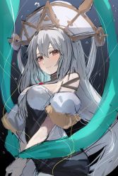 Rule 34 | 1girl, arknights, bare shoulders, black background, black dress, blush, breasts, bubble, closed mouth, cowboy shot, detached sleeves, dress, front ponytail, gradient background, grey background, hat, highres, horn/wood, large breasts, long hair, looking at viewer, official alternate costume, red eyes, short sleeves, silver hair, skadi (arknights), skadi the corrupting heart (arknights), skadi the corrupting heart (sublimation) (arknights), smile, solo, strapless, strapless dress, two-tone dress, very long hair, white dress, white hat