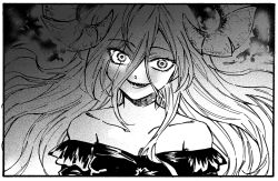 Rule 34 | abyssal ship, commentary request, dodomori, dress, greyscale, hair over eyes, hair over face, kantai collection, long hair, looking at viewer, mediterranean dreadnought water princess, monochrome, open mouth, solo, strapless, strapless dress
