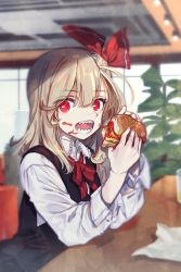 Rule 34 | 1girl, arm rest, black vest, blonde hair, bow, bowtie, burger, collared shirt, commentary request, cup, eating, eyes visible through hair, food, food on face, hair between eyes, hair ribbon, highres, holding, holding food, indoors, ketchup, long hair, long sleeves, looking at viewer, messy, open mouth, plant, red bow, red bowtie, red eyes, red ribbon, ribbon, rumia, sharp teeth, shirt, solo, teeth, touhou, vest, white shirt, wing collar, zounose
