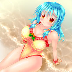 Rule 34 | 1girl, arm support, blue hair, breasts, casual one-piece swimsuit, highres, kogarashi (wind of winter), large breasts, one-piece swimsuit, orange eyes, original, short hair, solo, swimsuit