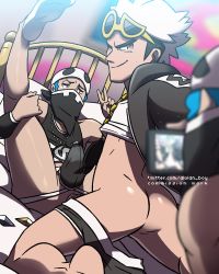 Rule 34 | 3boys, absurdres, alolan boy, anal, ass, bandana, bandana over mouth, barefoot, black hair, black jacket, blue hair, blurry, closed mouth, commentary, commission, creatures (company), crystal, english commentary, eyewear on head, game freak, guzma (pokemon), highres, hood, hooded jacket, indoors, jacket, jockstrap, leg hold, legs up, looking back, male focus, male penetrated, male underwear, multicolored hair, multiple boys, nintendo, npc trainer, on bed, penis, pillow, pokemon, pokemon sm, recording, sex, shiny skin, shirt, skull-shaped hat, smile, socks, soles, spread legs, stained clothes, sunglasses, sweatdrop, team skull, team skull grunt, team skull uniform, two-tone hair, undercut, underwear, v, white hair, white legwear, white shirt, yaoi, yellow-framed eyewear