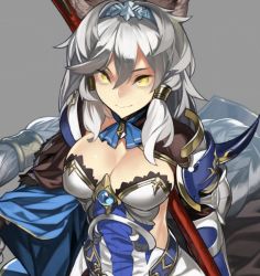 Rule 34 | 10s, 1girl, 92m, animal ears, breasts, cleavage, erune, gauntlets, granblue fantasy, grey background, grey hair, hairband, heles, long hair, looking at viewer, polearm, simple background, smile, solo, weapon, yellow eyes