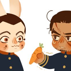 Rule 34 | 2boys, animal ears, blue jacket, bright pupils, brown eyes, brown hair, carrot, chengongzi123, closed mouth, dark-skinned male, dark skin, deformed, facial hair, feeding, goatee stubble, golden kamuy, hand up, highres, holding, holding carrot, jacket, kemonomimi mode, long sleeves, looking at another, male focus, military uniform, multiple boys, orange eyes, rabbit ears, raised eyebrows, rikimatsu ariko, scar, scar on face, short hair, simple background, stubble, sweatdrop, thick eyebrows, trembling, uniform, upper body, usami tokishige, very short hair, white background