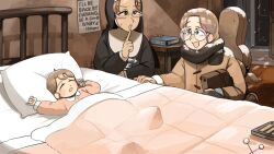 3girls :d aged_down bed bird black_scarf book brown_coat brown_hair chicken closed_eyes coat commentary diva_(hyxpk) english_commentary finger_to_mouth glasses glasses_nun&#039;s_aunt_(diva) glasses_nun&#039;s_mother_(diva) glasses_nun_(diva) habit highres instrument instrument_case little_nuns_(diva) long_hair multiple_girls nun open_mouth pajamas pillow pink_pajamas round_eyewear scarf short_hair sleeping slice_of_life smile traditional_nun under_covers xylophone