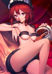 Rule 34 | 1girl, akisa yositake, alternate color, alternate hair color, belt bra, breasts, guilty gear, guilty gear 2, guilty gear xrd, hat, legs, pink eyes, ramlethal valentine, red hair, short hair, solo, tongue, tongue out, underboob